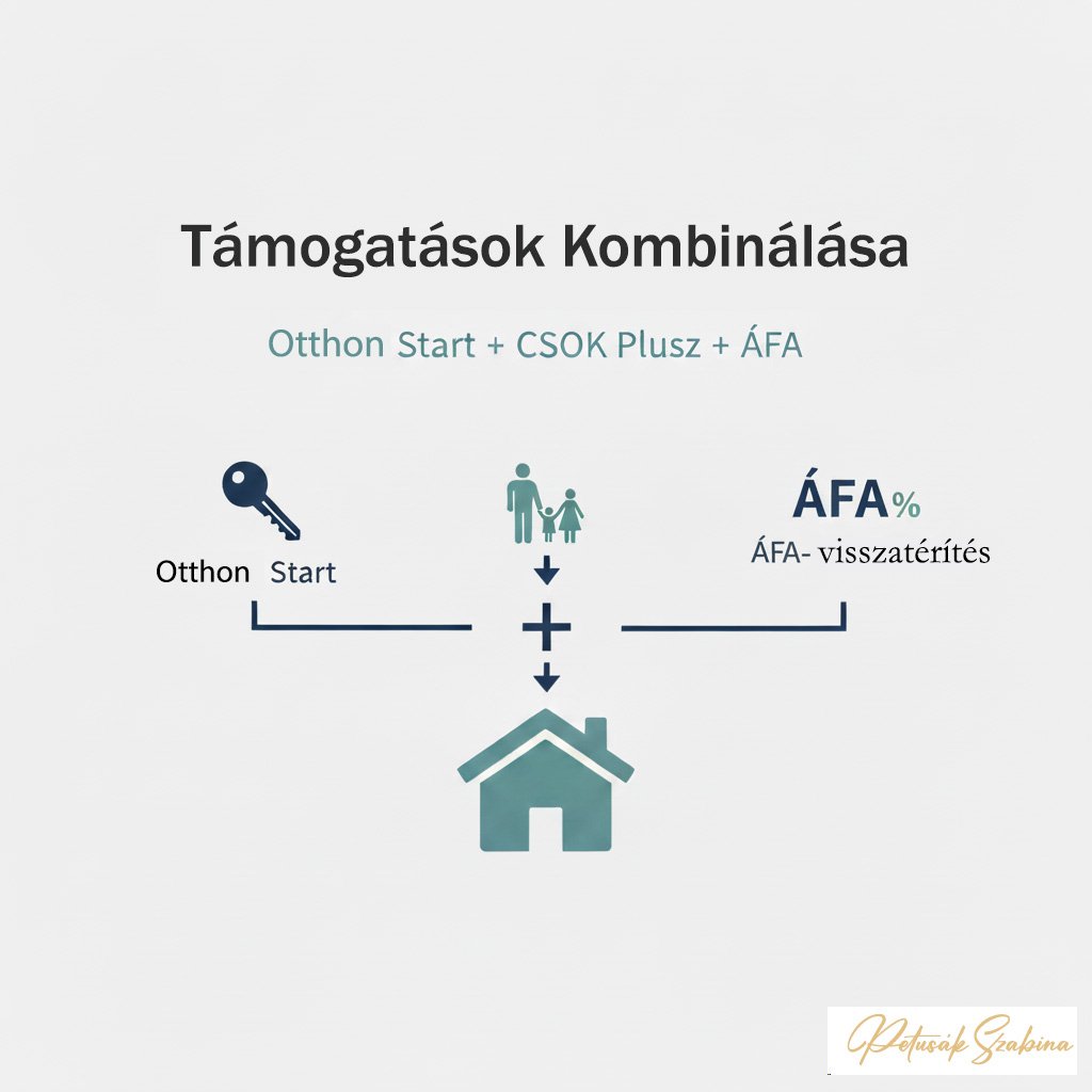 Támogatások kombinálása lakásvásárláshoz, Otthon Start, CSOK Plusz és ÁFA-visszatérítés ikonokkal.